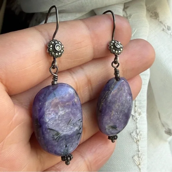 Handmade Chariote Purple Gemstone Sterling Silver Boho Dangle Earrings - Picture 9 of 17